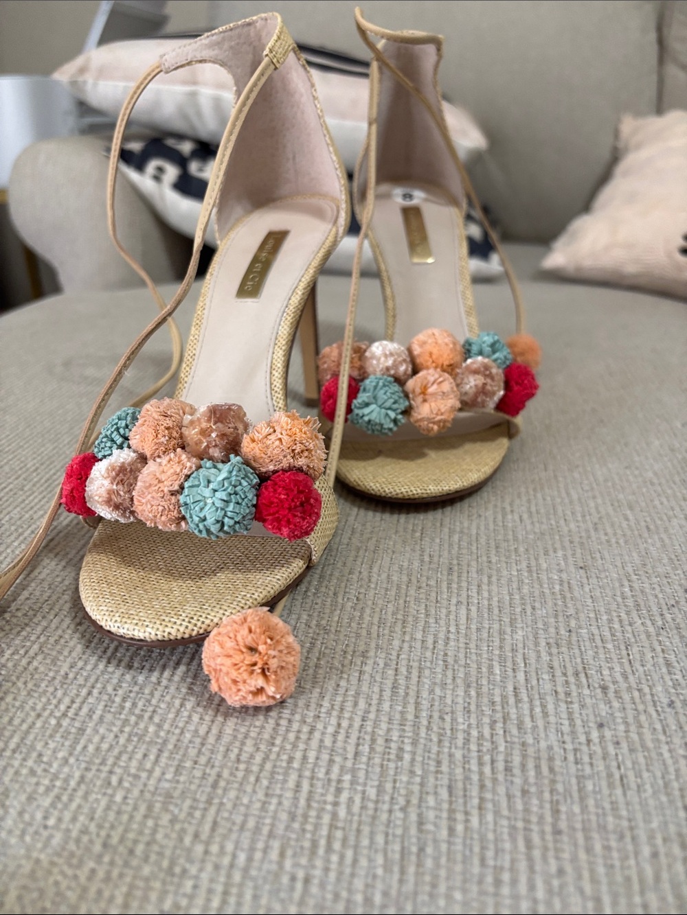 Louise et Cie Tan Strappy Heels with Multicolor Pom-Poms